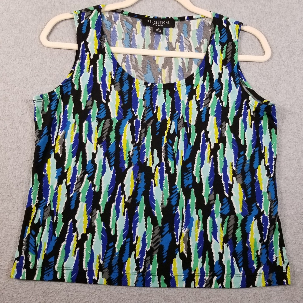Perceptions Tank Top Women 8 Blue Green Abstract Shell Sleeveless Stretch Jersey